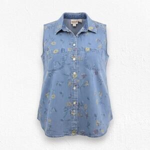 Vintage 90s Floral Denim Sleeveless Button Front Shirt Cotton Plus 22W